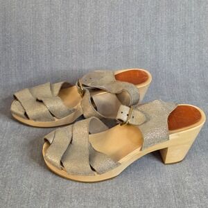 Bryr Clog Sandals W 38/7.5 Gold Metallic Leather Peep Toe Wood Block Heel Boho